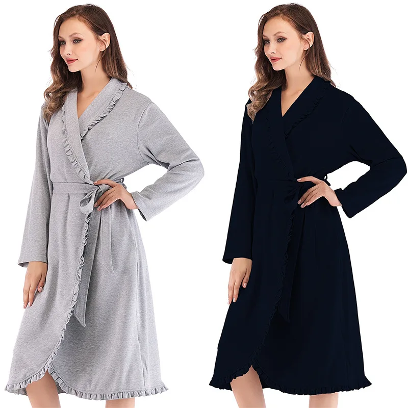 

Women Nightgown Bathrobe Modal Solid Ruffle Sleepwear Full Knee-Length Thicken Robe High Quality Home Clothes Plus Size Robes