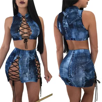 

New 2020 Sexy Women Bandage Summer Hollow Clothes Sets Halter Crop Tops +Bandage Mini Skirts 2 Piece Summer Party Club Wear