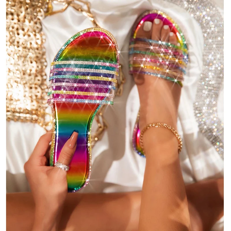 Rela Bota Rhinestone Women Slippers Fashion Bright Diamond Beach Flat  Slipper Outdoor Shoes Street Flip Flop Slides Home Sandals - AliExpress