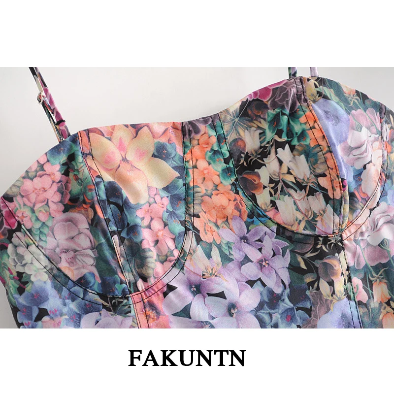 FAKUNTN Women's Cami French Retro Oil Painting Style Crop Tank Top Female Cami Fashion Sexy Sleeveless Top On Thin Straps Women