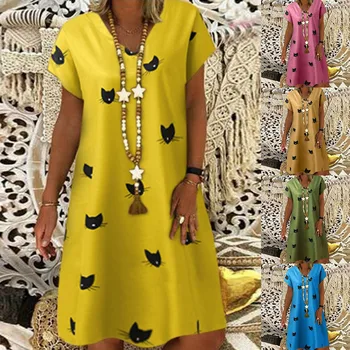 

2020 New Summer Cat print Loose bohemian beach dress Women's Fashion Loose Leisure V-collar Short Sleeve Summer Dresses