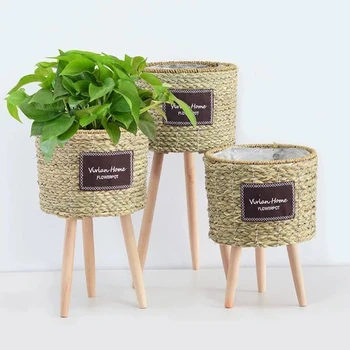 

3 Size Nordic Straw Laundry Picnic Storage Basket with Stand Handmade Durable Flower Pot Plant Container Home Decoration