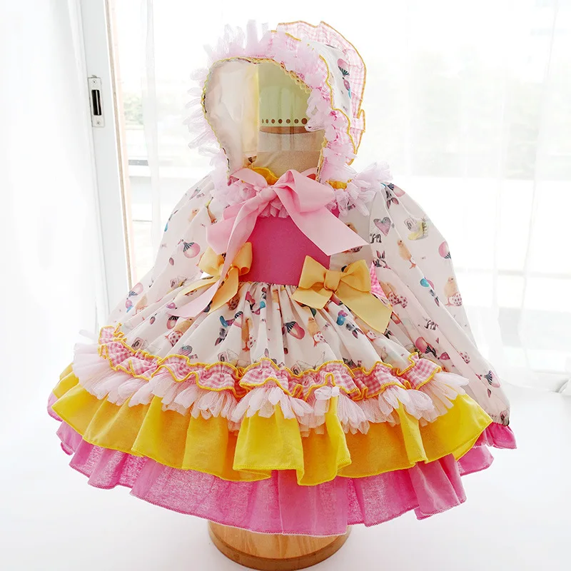 

2Pcs Children Spanish Dresses Baby Girl Lolita Princess Ball Gown 2024 Infant Birthday Dress with Hat Toddler Spain Vestidos