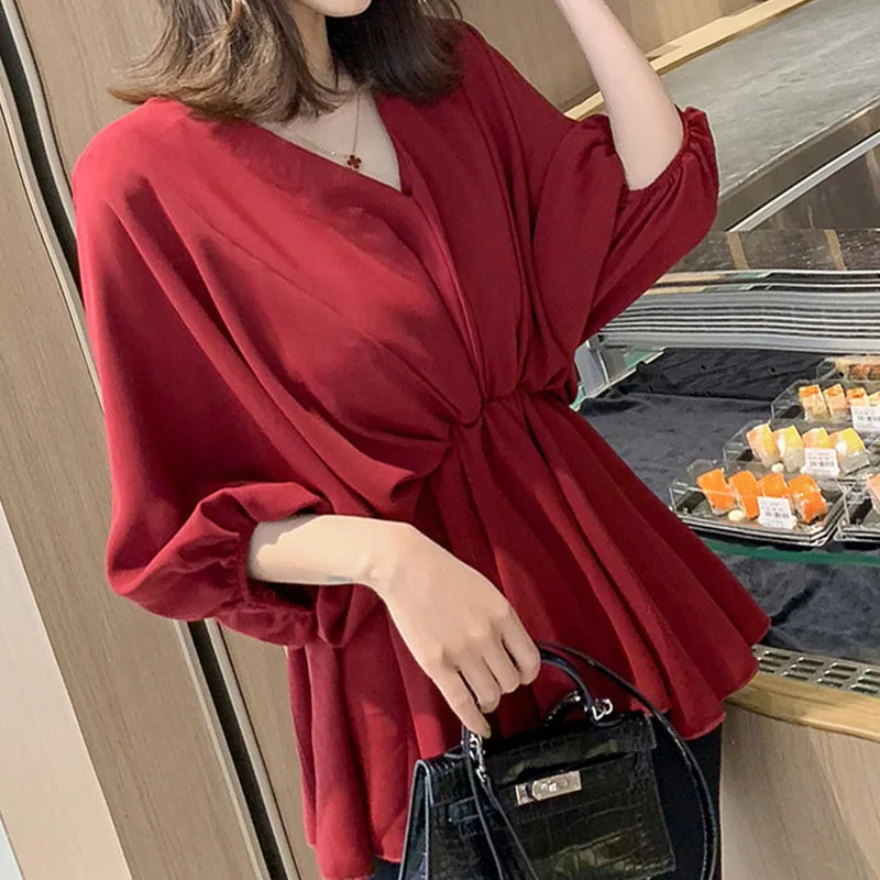 

Blusas mujer de moda 2019 womens tops and blouses ladies tops chiffon blouse Solid V-Neck lantern Sleeve women tops white 0062