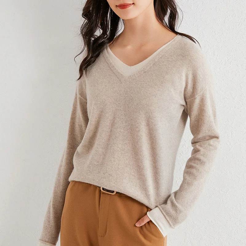 

Sparsil Autumn Winter Women Pure Wool Sweaters Soft Warm Double V-neck Basic Pullovers Solid Color Long Sleeve Casual Top Jumper