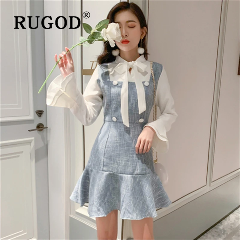RUGOD Vitnage лоскутное мини-платье с бантом на шее Auturm свитер с рукавами-клеш офисные женские платья vestidos элегантное тонкое платье