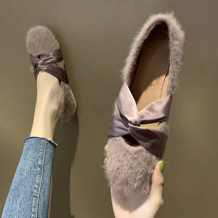 

Loafers Fur Moccasin Shoes Women's Heels Bow-Knot Slip-on Autumn Modis All-Match Casual Female Sneakers Square Toe Moccasins On