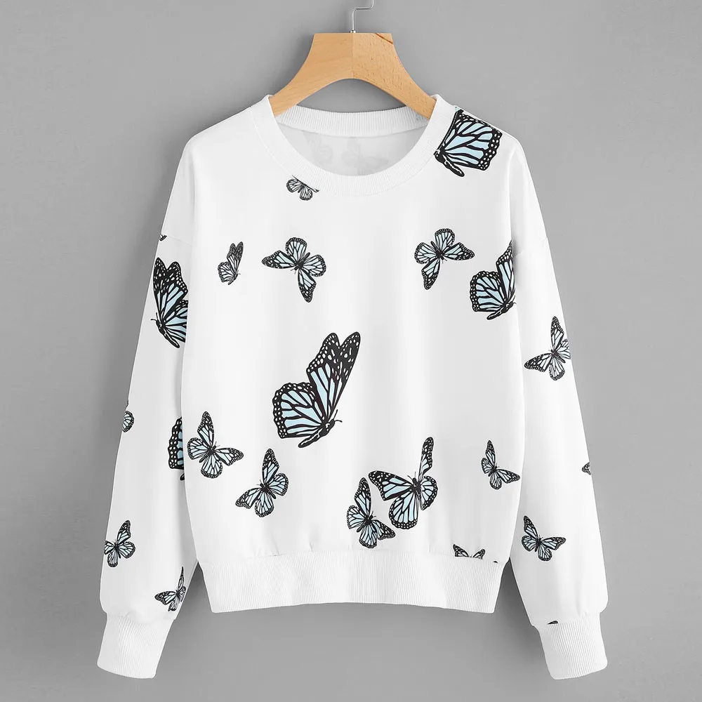 JAYCOSIN Fashion Women Casual Simple Swatshirt Butterfly Printing Long Sleeve Comfortable Solid Color Soft Chic Blouse Top