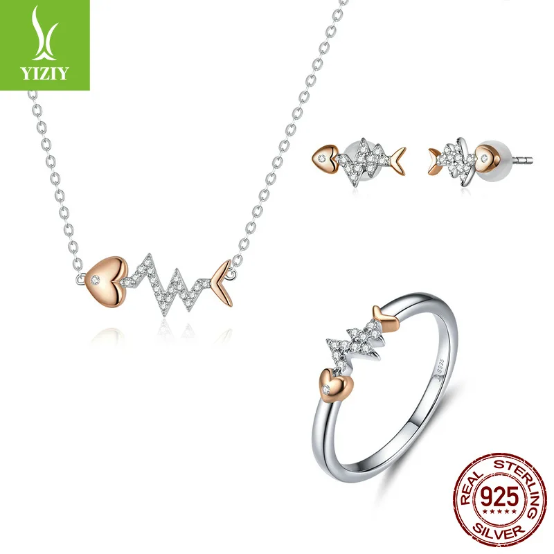 

Silver zi yun New Style Silver Accessories Set Heartbeat Fishbone S925 Sterling Silver Necklace Ring Ear Stud Three-piece Set