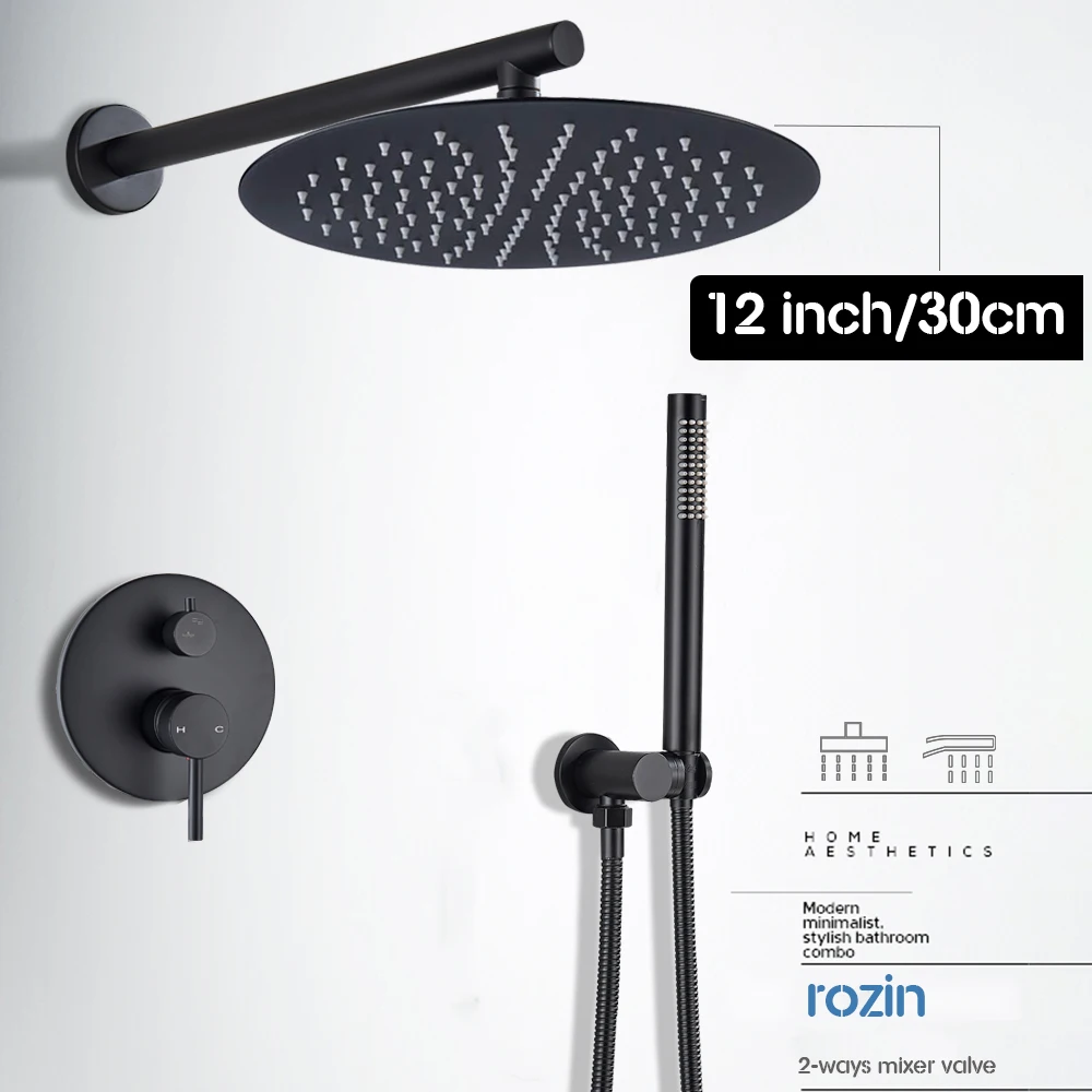 12 inch Shower Set Матовый черный смеситель для душа, скрытый латунный Смеситель для душа в форме дождя, кран с одной ручкой для ванной, кран для горячей и холодной воды - Цвет: 12 inch Shower Set