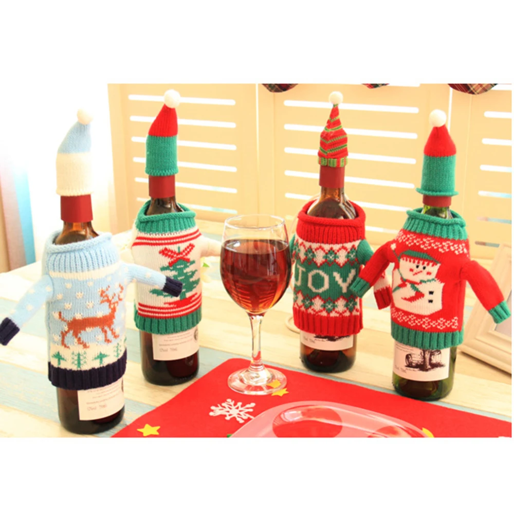 

4 Sets Knitting Wool Christmas Wine Bottle Cover Knitted Sweaters Red Wine Beer Champagen Cover Home Festival Table Decoration