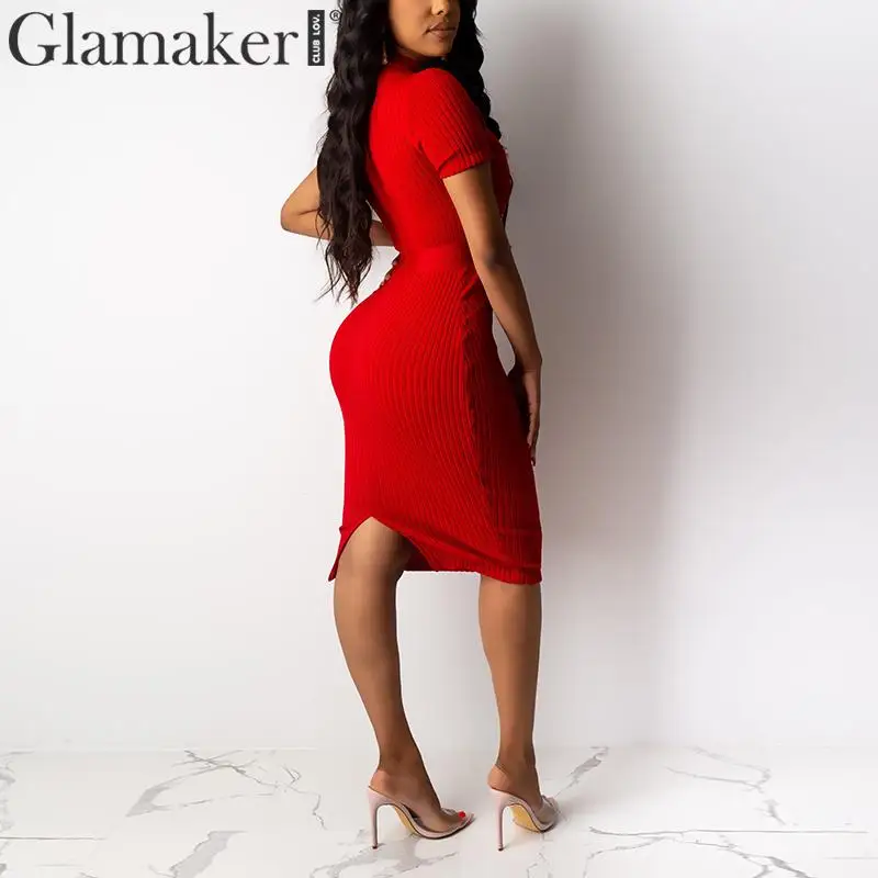Glamaker, вязаное Красное Облегающее Платье с круглым вырезом, женское элегантное платье с высокой талией и коротким рукавом, женские вечерние платья с разрезом, Клубное сексуальное платье миди