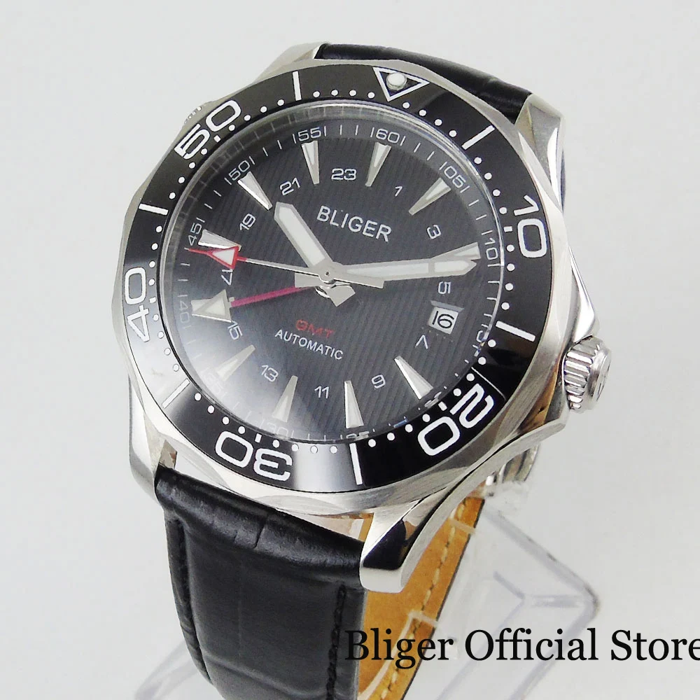 6 Models BLIGER 41mm Black Dial Date Window GMT Function Sapphire Glass Self Winding Men Wristwatch Leather Strap Ceramic Bezel | Наручные