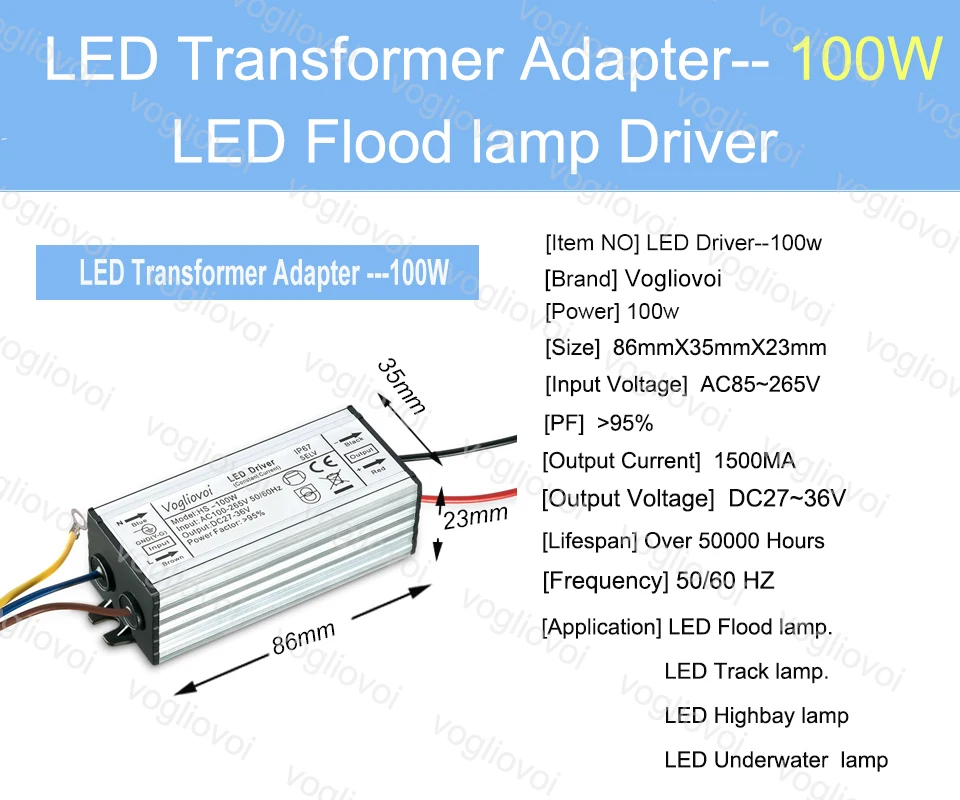 Vogliovoi светодиодный трансформатор 100 Вт низкий ток для прожектора HighBay AC110V AC220V алюминиевый IP67 Светодиодный адаптер трансформатора