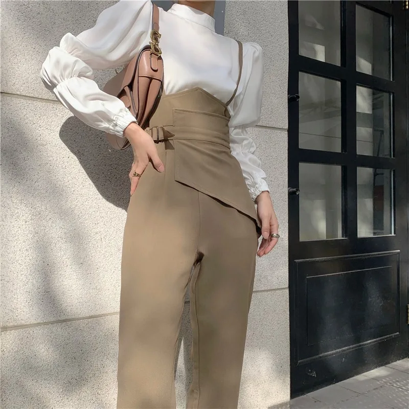 Retro Plus Size High Waist Khaki Wide Leg Pants Women Strap Wild Loose Casual Black Overalls Capris Mujer Pantalones Streetwear | Женская