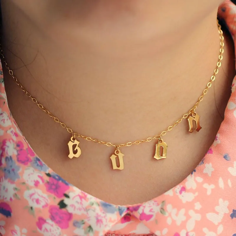 

Letter Customizable Name Necklace Old English Font Scattered Letters Necklaces Initial Gold Stainless Steel Chain Bijoux Femme