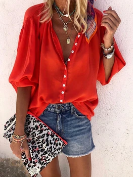 

V-Neck See-through Women Summer Casual Blouses Three Quarters Mesh Sheer Blouse Top Shirts Solid Button Through Casual Blouse