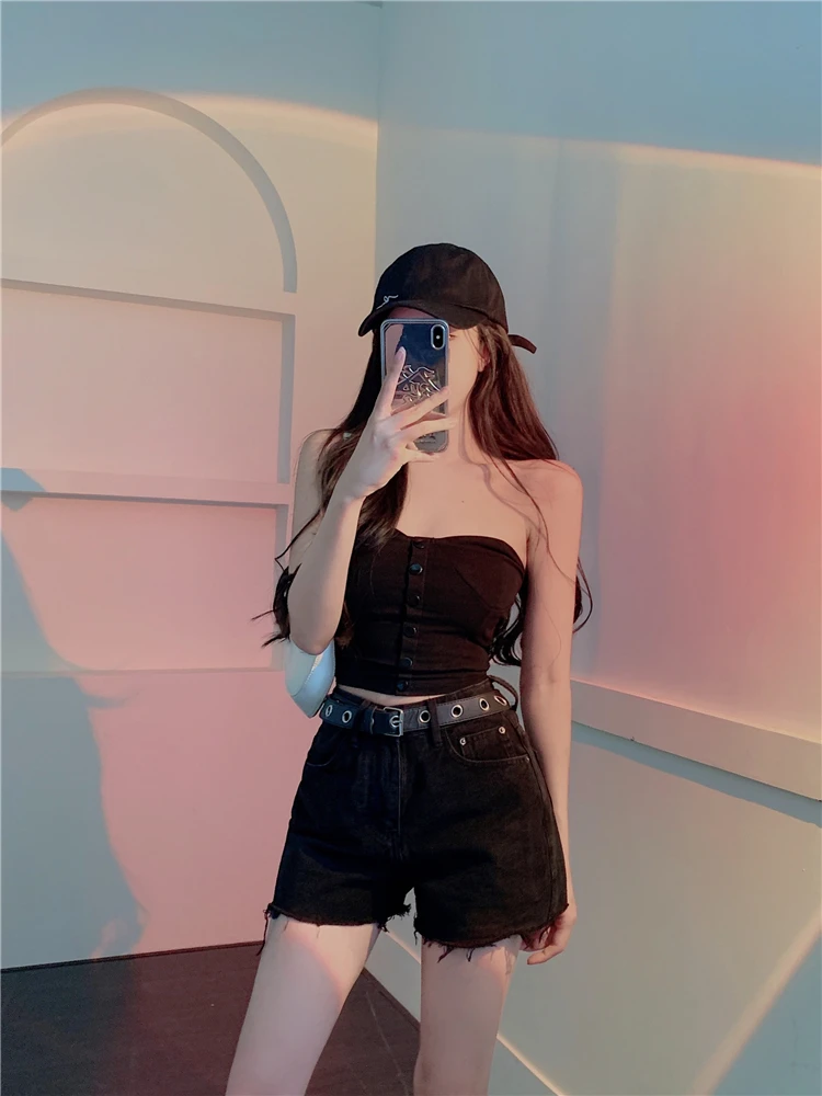 Chinese summer new style personality black short hair edge wide leg show thin jeans A-line pants with belt shorts women