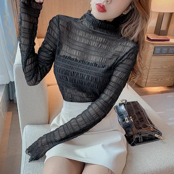 

Fashion Patchwork blouse women New Spring Lace Full Sleeve Mesh Turtleneck blusas womens tops and blouses White Pink Yellow 596