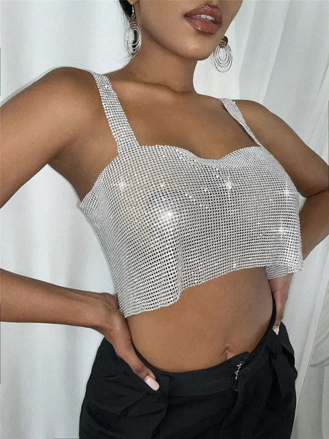 pink camisole 2022 Summer Shiny Crystal Chain Tank Top Silver Metal Mesh Halter Metallic Strap Crop Tops Vest Party Clubwear Outfits half bra Tanks & Camis