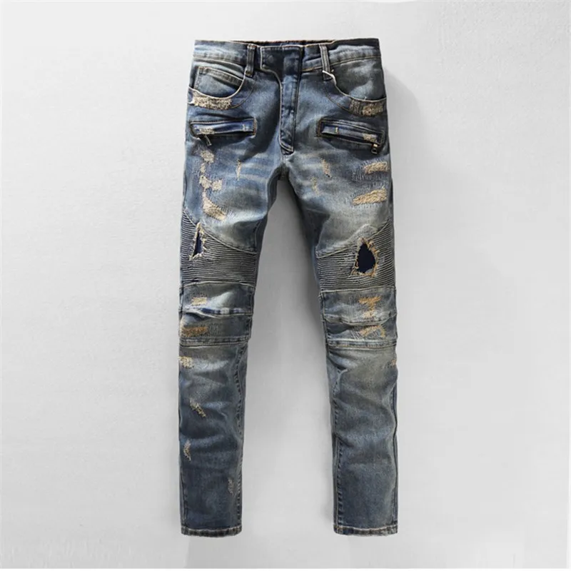 

2019 New arrived Mens Distressed Ribbed Stretch Moto Pants Scratchs Washed Blue Denim Biker Jeans Slim Trousers Size 28-40