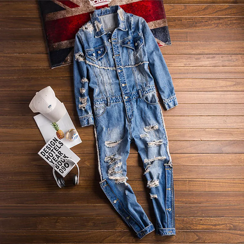 High Street Men Denim Jumpsuit Hip Hop  Hole Ripped Jeans Overalls Tattered Cargo Pants Fashion Siamese Freight Trousers