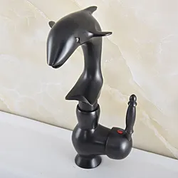 Black Oil Rubbed Bronze Swivel Spout Single Handle Lever Cute Animal Dolphin Style Bathroom Kitchen Sink Faucet Mixer Tap msf844