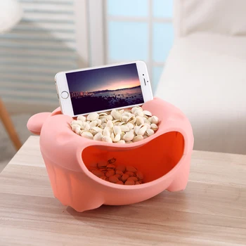 

New Portable Lazy Bear Double Layer Fruit Plate with Cellphone Stand Holder Snacks Seeds Dish Container Storage Box Trash can