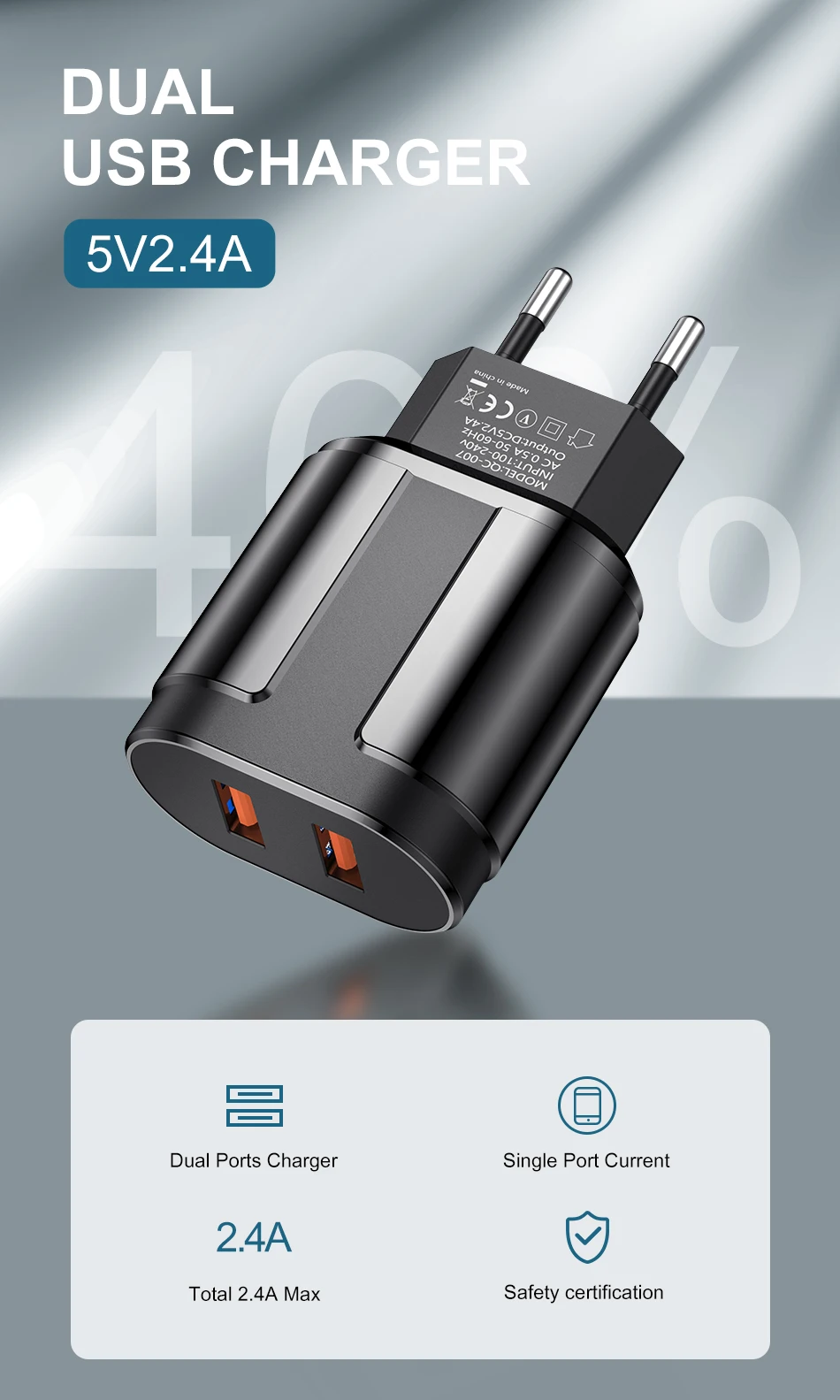 USLION Dual USB зарядное устройство для телефона зарядное устройство 5 В 2.4A ЕС США вилка путешествия настенное зарядное устройство адаптер Зарядка для iPhone samsung huawei Xiaomi