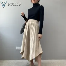 HXJJP весна осень женские вязаные юбки вертикальная полоска тонкая Корейская Повседневная однотонная плиссированная длинная юбка