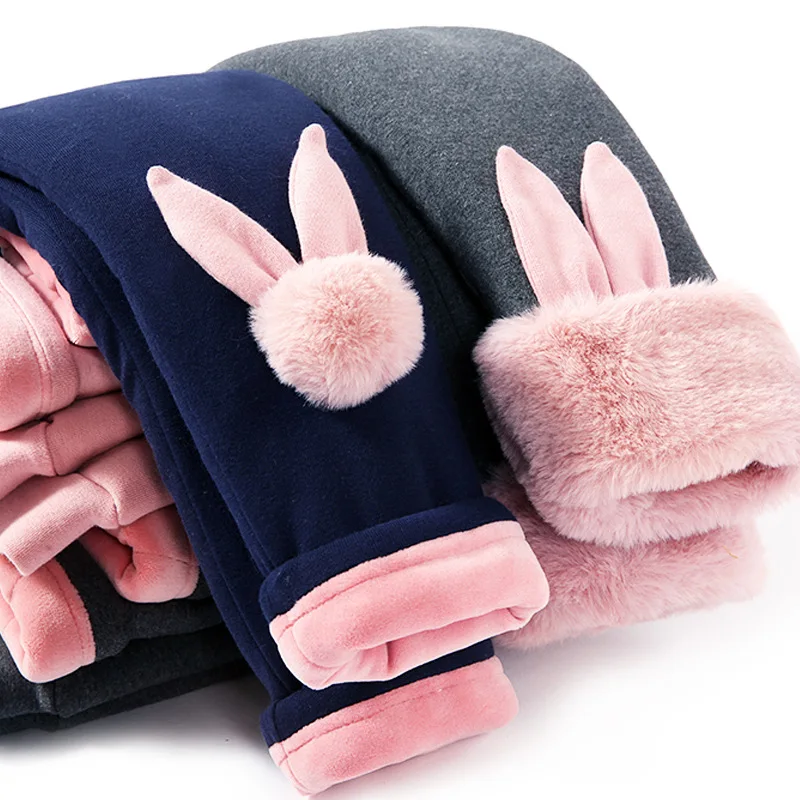 -30 Degrees Kids Long Pants for Girls Warm Legging Three-Layer Golden Flannel Cotton Pants Cartoon Rabbit Thickened Trousers