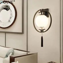 

New Chinese Style Wall Lamp Black Round Wrought Iron Glass Wall Lamp Bedroom Bedside Lamp Staircase Porch Hotel Guest Room Light