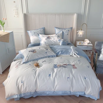 

Luxury bedding new milk velvet patch embroidery craft 4pcs Bedding Set high density Sheet spread flat bed sheet pillowcases