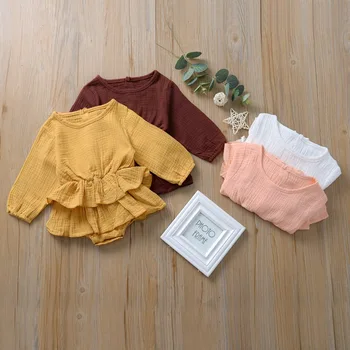 

2020 Spring and Autumn New Baby Solid Color Long Sleeve Cotton and Linen Triangle Romper Fake Double Skirt Jumpsuit