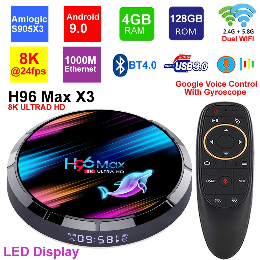 Приставка Смарт ТВ H96 MAX X3 Android 9 0 8K Amlogic S905X3 4 + 128 ГБ Wi Fi BT4.0 1000 м Ethernet USB3.0 H.265