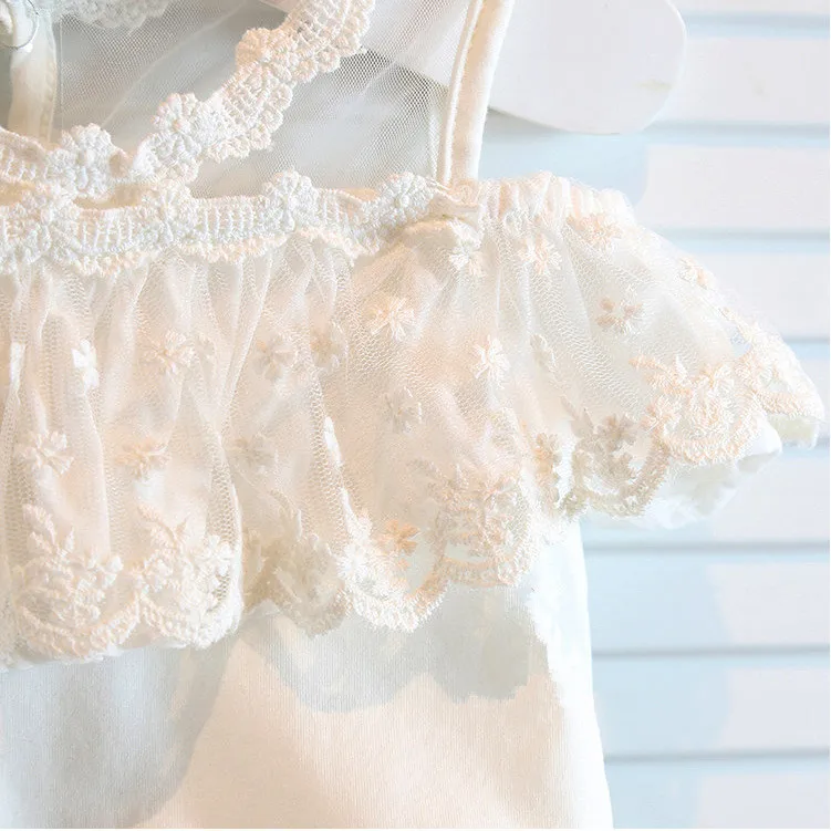 

CHILDREN'S Garment Summer New Girls Lace off-Shoulder Set Children Top Shirt with Narrow Straps + Capri Pants Two-Piece Set