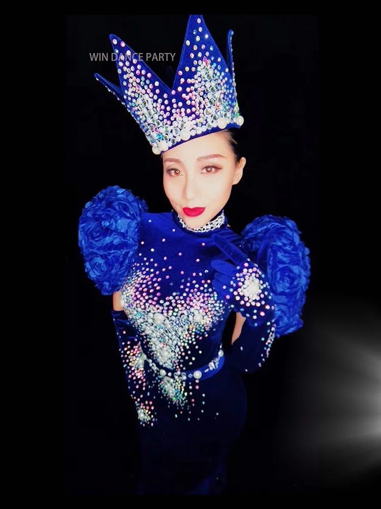 Crown Singer Stage ballroom Velvet Dance Costumes Evening skirt Party Long Tail Dresses Outfit Women Performance clothe Backless