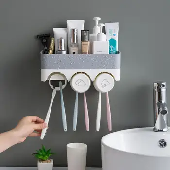 

Family Wall Hanging Toothbrush Holder Set With 3 Brushing Cups Puch Free Wall Storage Racks Bathroom Accessories Set