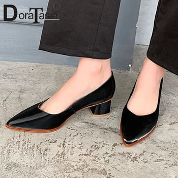 

DORATASIA Brand Genuine Leather Pumps Square Heel Dress Office Pumps Women Pointed Toe Mixed Color Fashion Shoes Woman