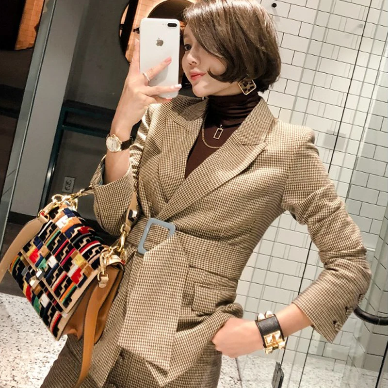 Fashion Plaid Suit Female Large Size Autumn/winter New Fashion Slim woolen blazer high waist long skirt Suit women