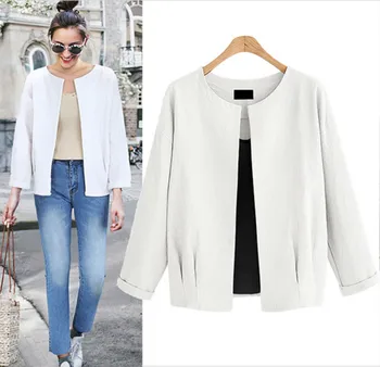 

Women Jacket Round Neck Fold Solid Color Linen Comfortable Thin Cardigan Short Loose Coat