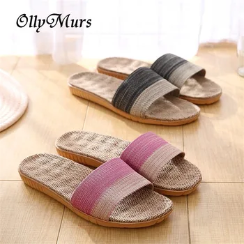 

Women Flax Slippers Summer Casual Slides Beach Shoes Ladies Indoor Linen Slippers Bohemia Striped Flip Flops Sandals Couple