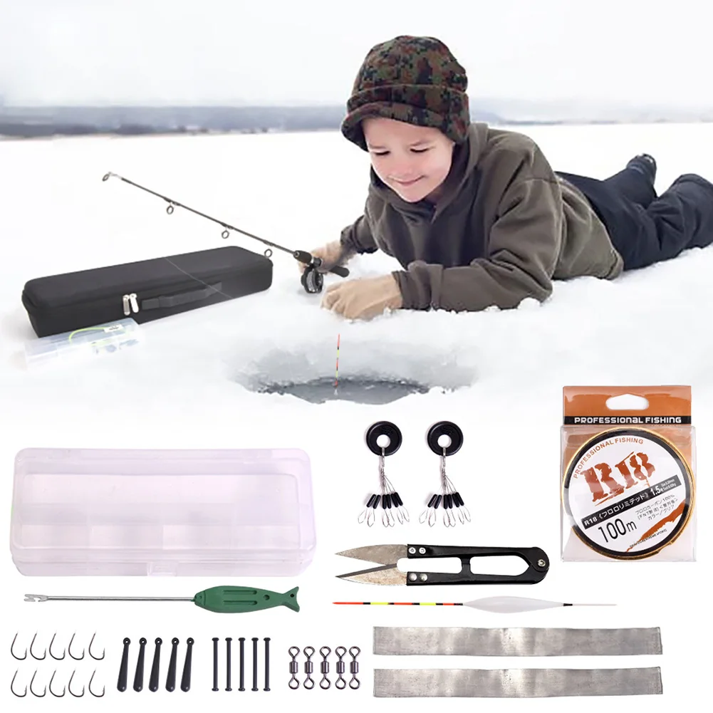 Набор для подледной рыбалки, комбинированный набор, инструмент для зимней рыбалки из цельного стекловолокна с коробкой, Профессиональные уличные прочные аксессуары, катушка для удочки, ножницы