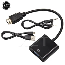 Hdmi-compatível com adaptador vga com 3.5mm jack aux áudio usb cabo de alimentação macho para famale conversor 1080p digital para vídeo analógico