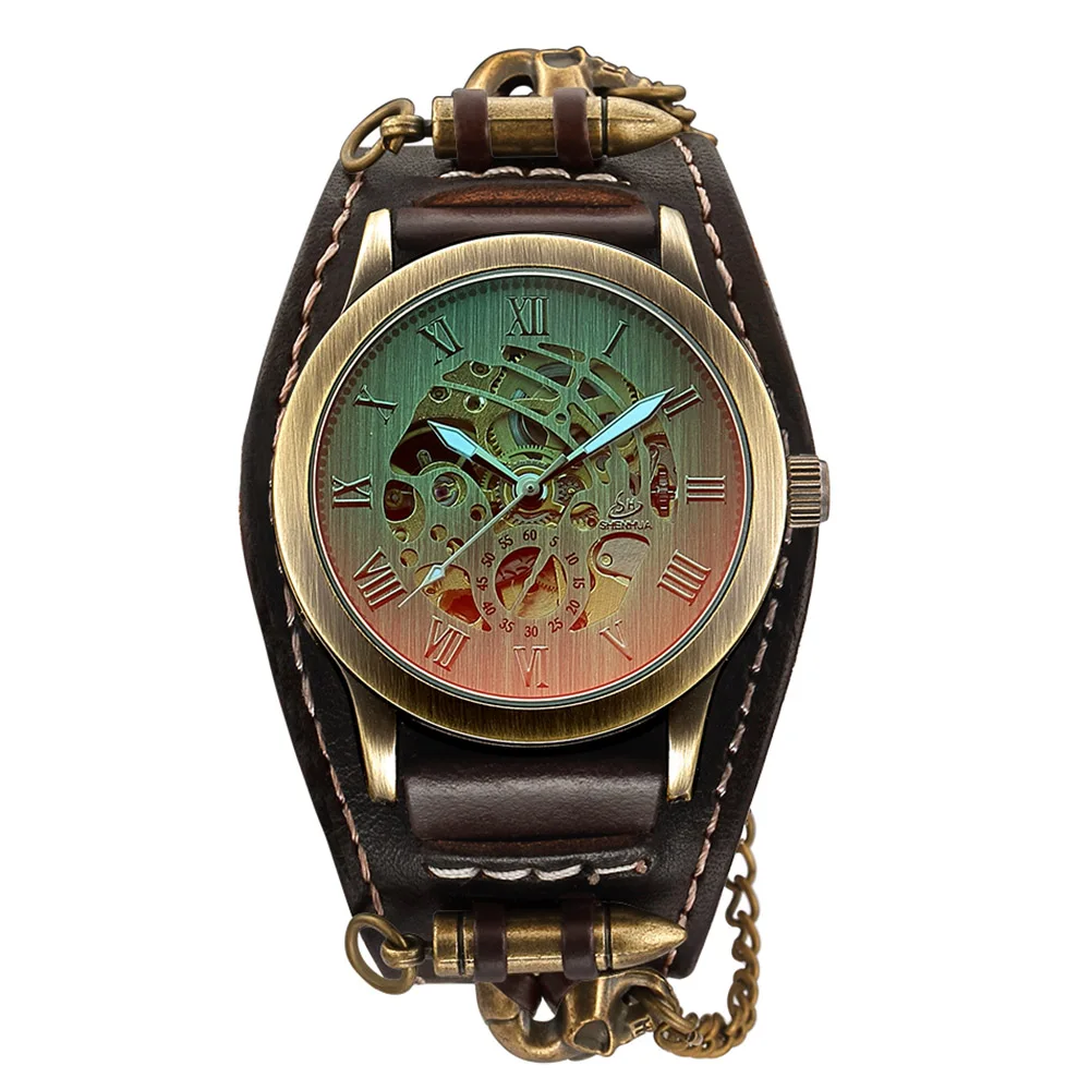 Модные часы в стиле стимпанк, мужские винтажные часы, мужские автоматические механические наручные часы, часы с бронзовым скелетом, спортивные мужские часы