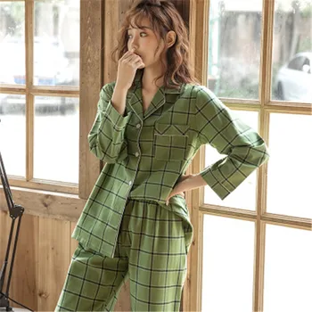 

Daeyard Cotton Pajama Set Women Elegant Plaid Shirts And Trounsers 2 Pieces Button Up Pyjamas Autumn Winter Sleepwear Homewear