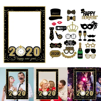 

Besegad Funny Happy New Year Paper Selfie Frame with 25pcs Photo Booth Props for 2020 New Year Eve Party Supplies