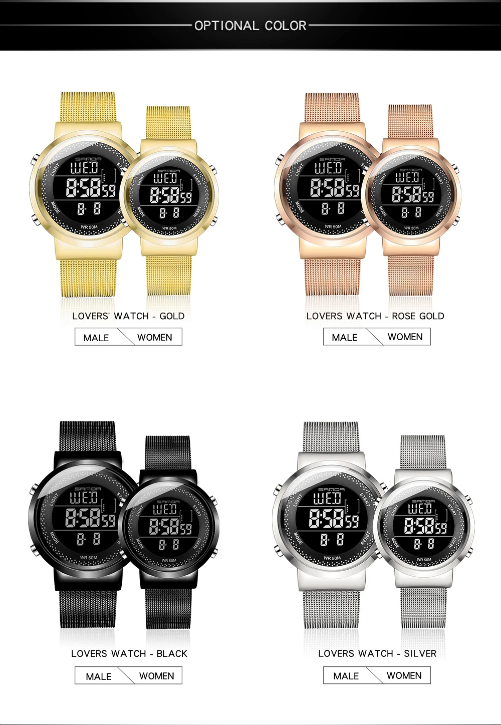 SANDA модные парные часы для мужчин и женщин Роскошные из нержавеющей стали водонепроницаемые цифровые часы со светодиодами электронные наручные часы для влюбленных