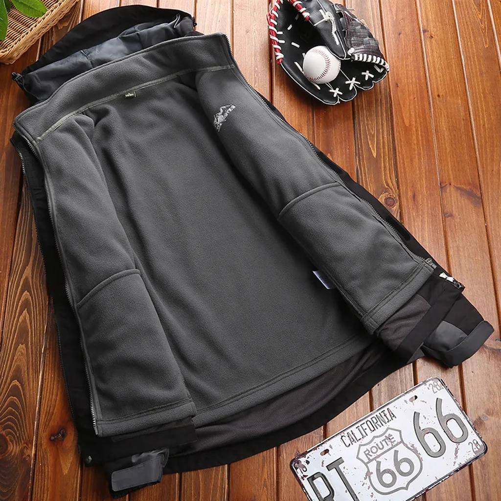 Men Fashion Hoodie Hat Detachable Windbreaker Waterproof Jacket Breathable Sport Outdoor Coat Softshell Fleece Jacket Mujer