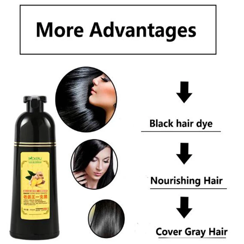Mokeru Natural Ginger King Hair Dye Shampoo Easy To Use 5 mins Harmless Long Lasting Black Hair Herb Anti-White Hair 500ml